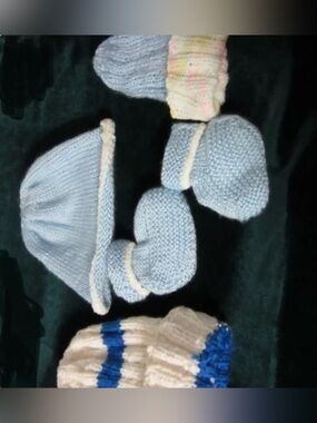 (3) Blue and White Knitted Baby Hat and (1) Bootie Set - Baby Handmade